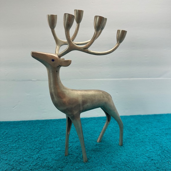 Other - Vintage Silver Metal Reindeer Candelabra 6 Antler Taper Candle Holder Blue Eyes
